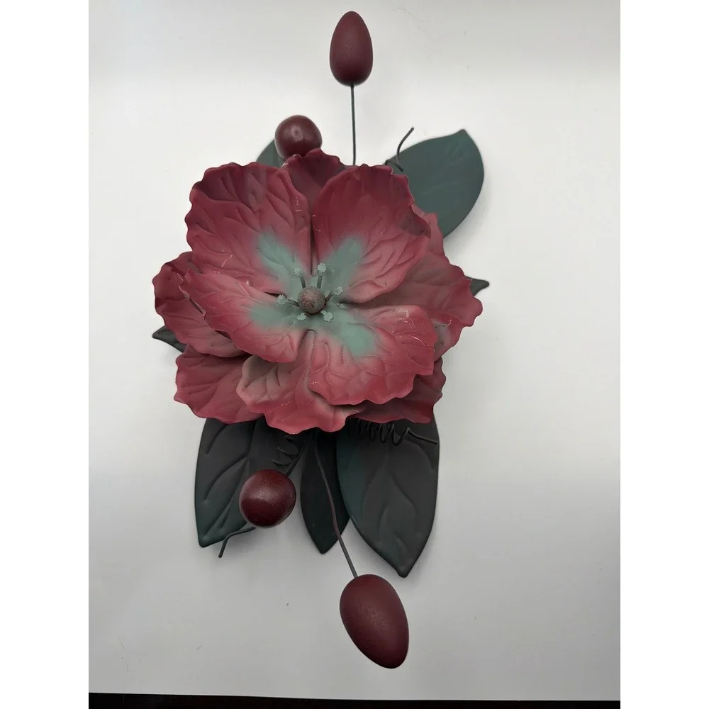 Vintage Metal Flower Wall Sconce Pair Dusty Rose Sage Green Floral Decor Set 2